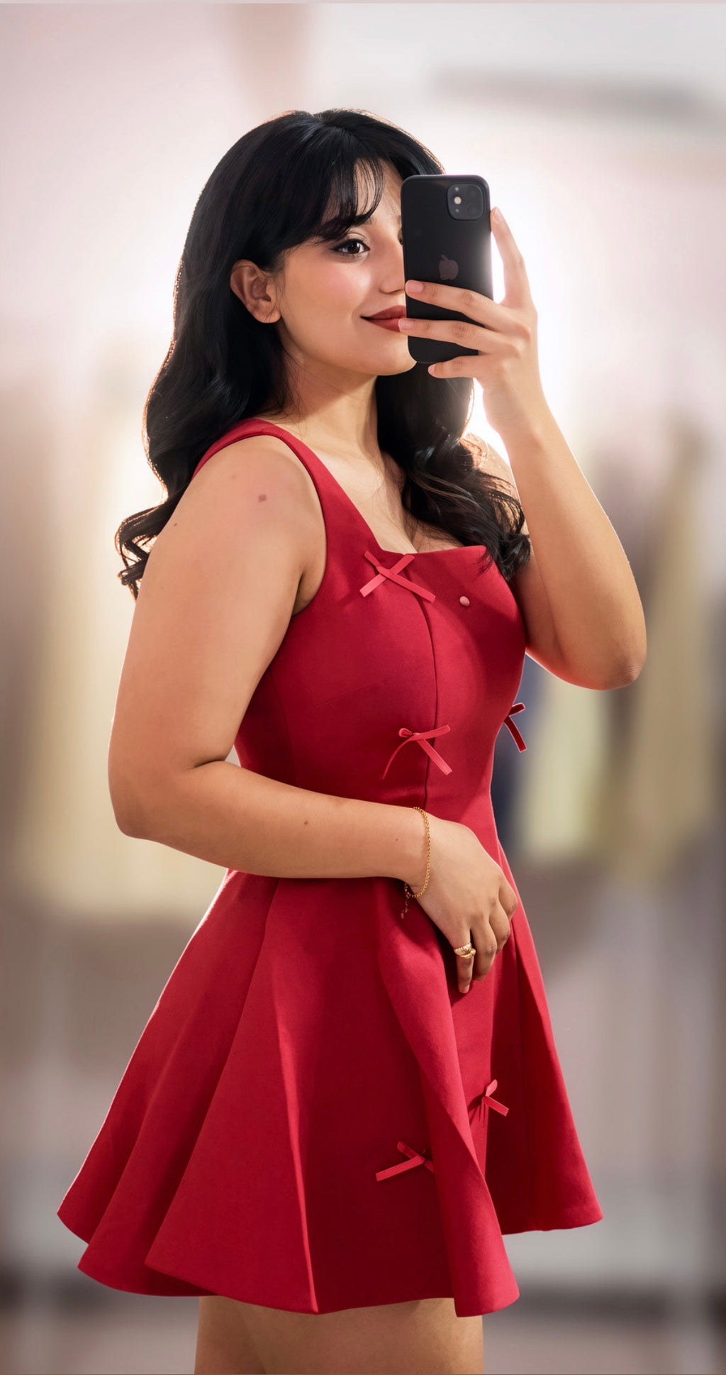 A-line mini dress with a slim waist and a bow tie