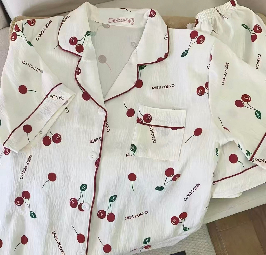 Miss Ponyo Cherry Blossom Short Pajama Set – Cream & Ruby