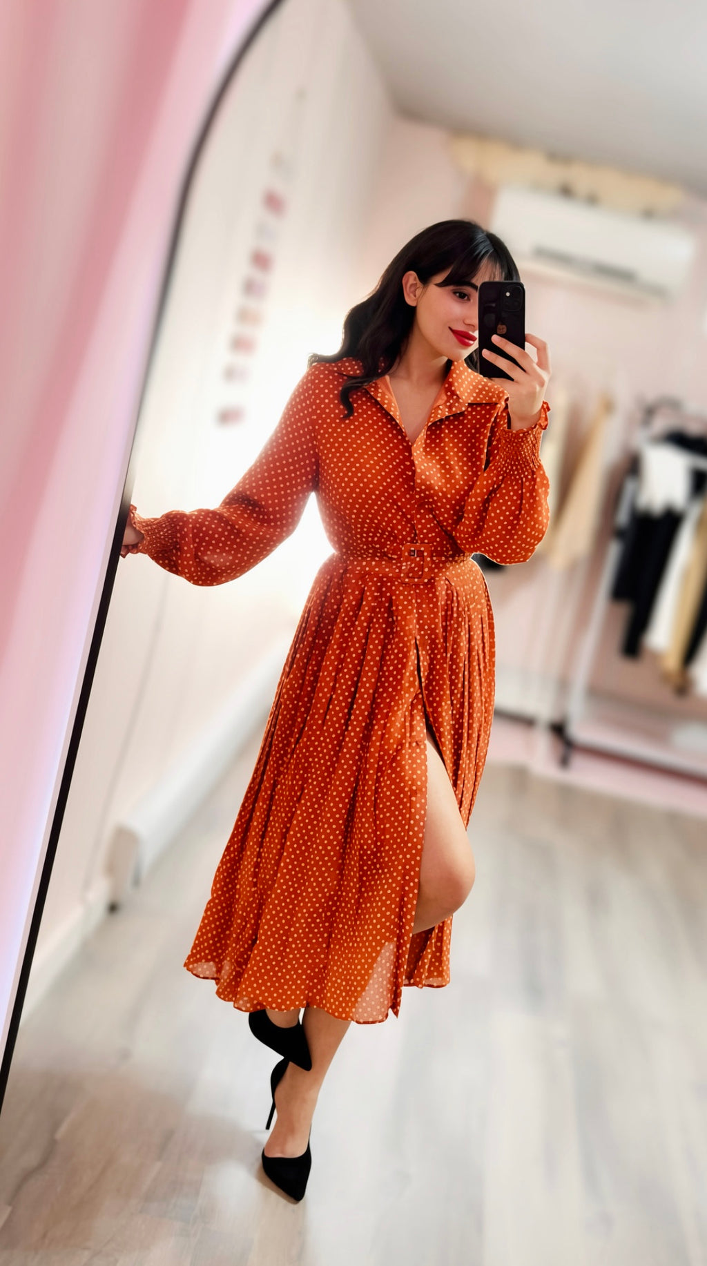 Vintage Polka Charm Belted Midi Dress