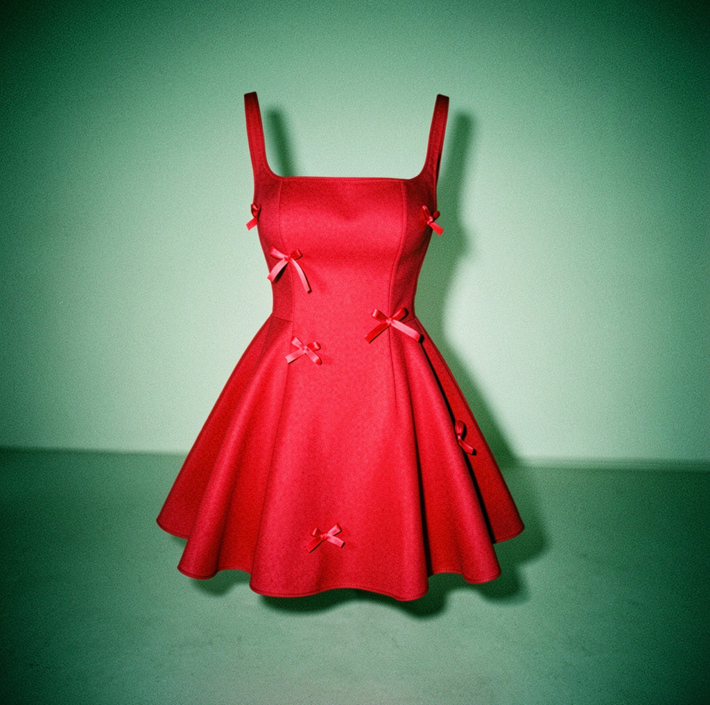 A-line mini dress with a slim waist and a bow tie