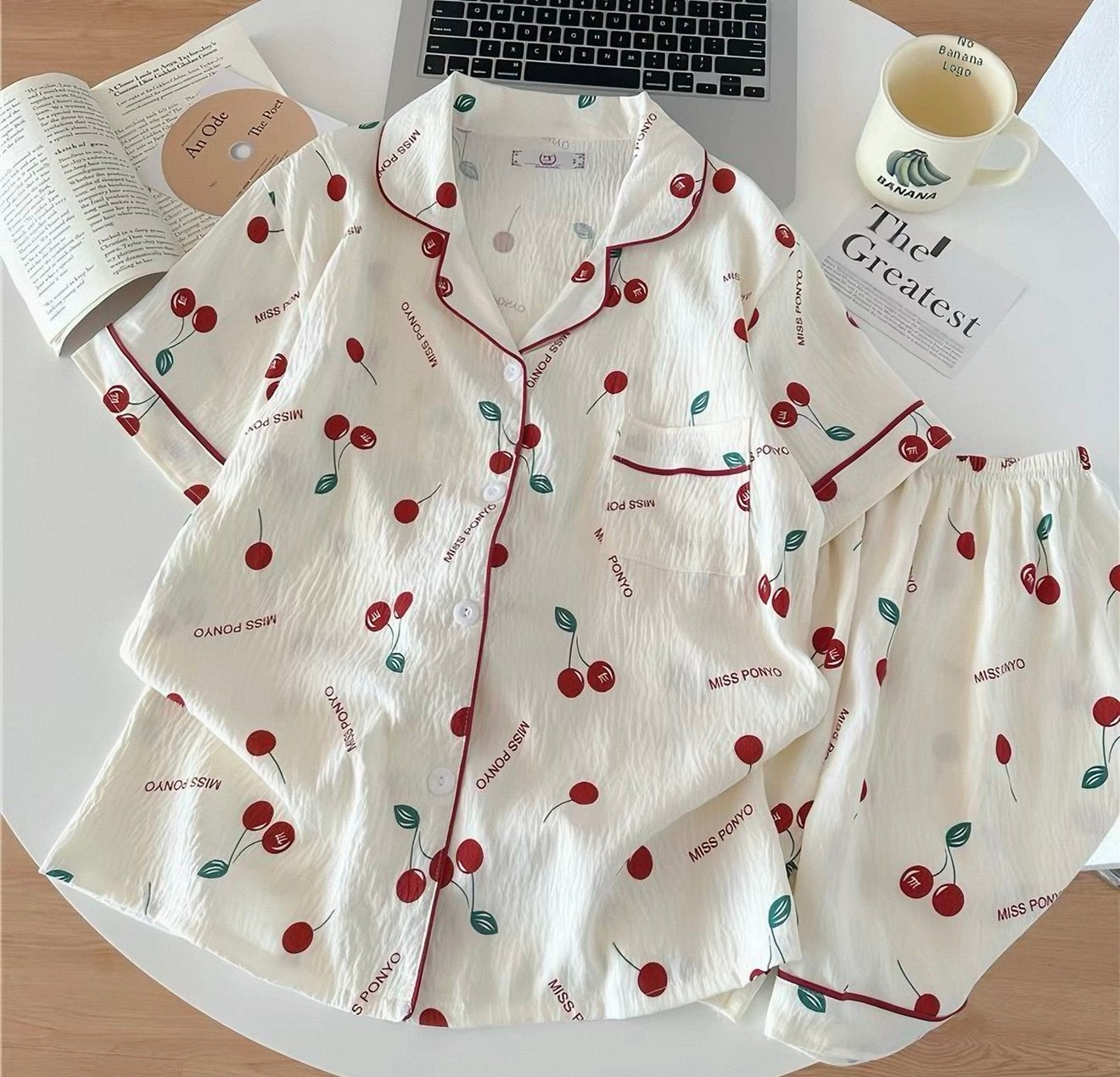 Miss Ponyo Cherry Blossom Short Pajama Set – Cream & Ruby
