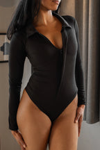 Black Sienna Ribbed Collared Bodysuit