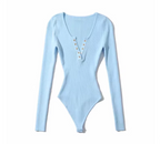 Midnight Ribbed Henley Bodysuit – Long Sleeve Onyx