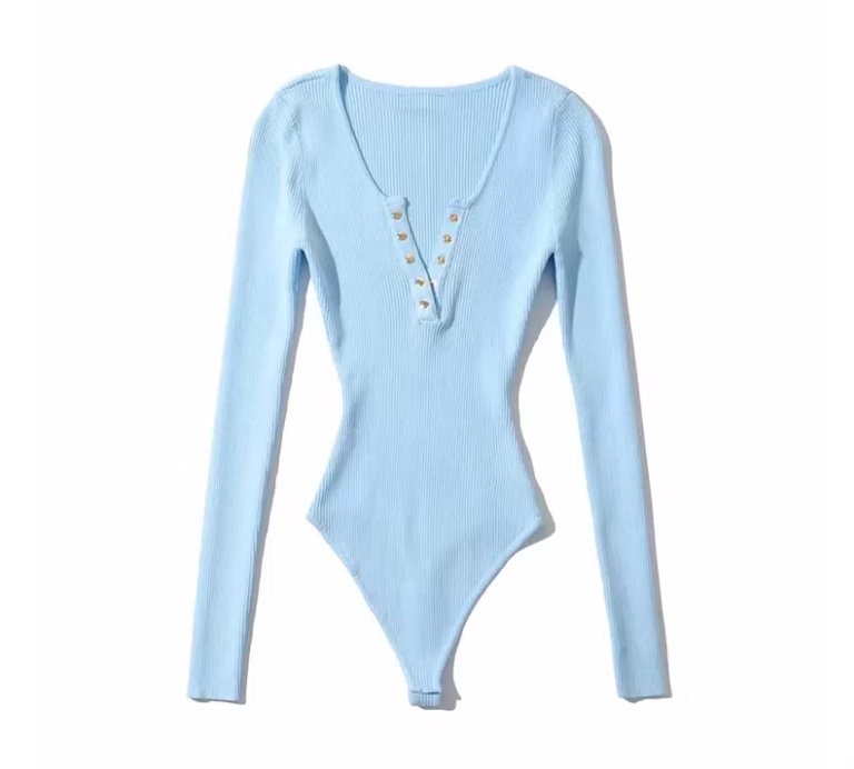 Midnight Ribbed Henley Bodysuit – Long Sleeve Onyx