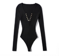 Midnight Ribbed Henley Bodysuit – Long Sleeve Onyx