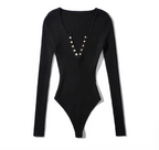 Midnight Ribbed Henley Bodysuit – Long Sleeve Onyx