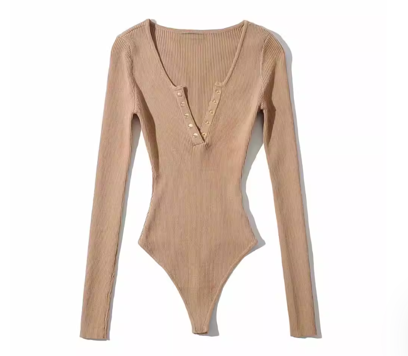 Midnight Ribbed Henley Bodysuit – Long Sleeve Onyx