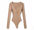 Midnight Ribbed Henley Bodysuit – Long Sleeve Onyx