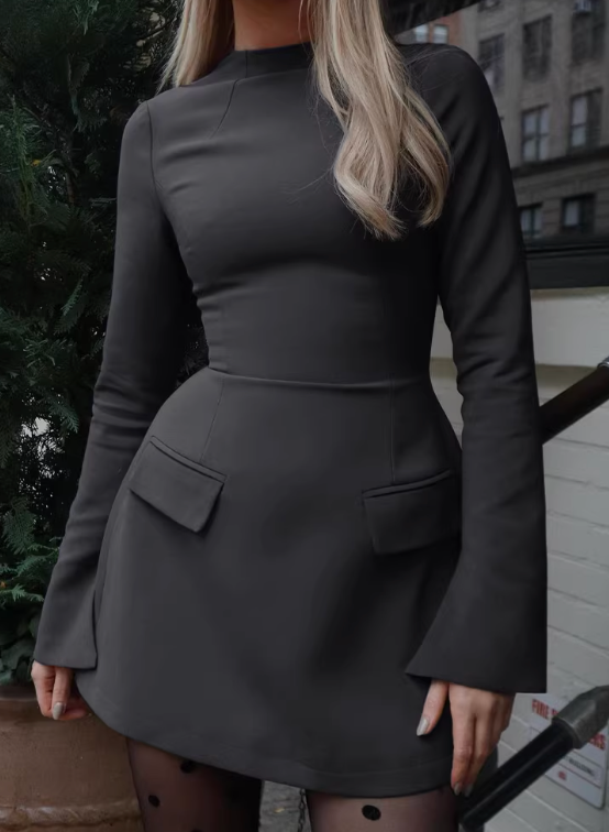 European and American retro back zipper long-sleeved short dress