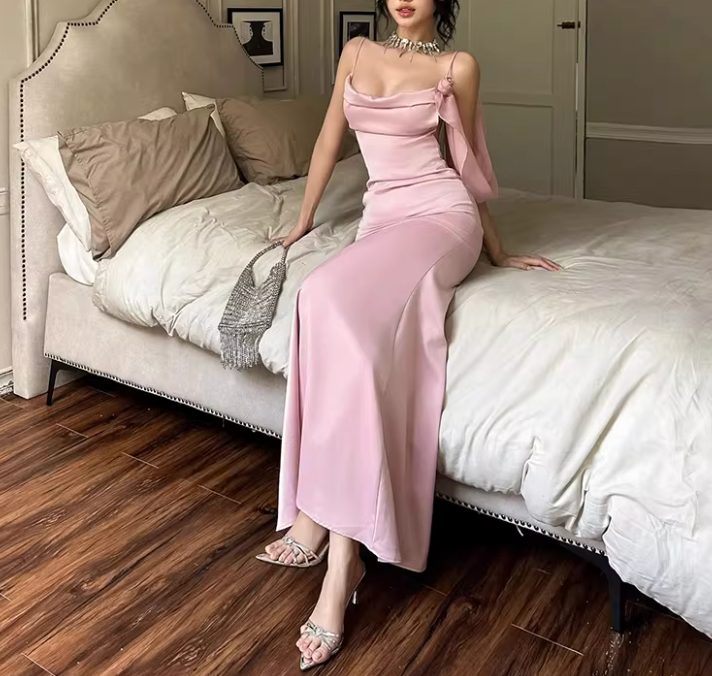 Blush Satin Draped Maxi Dress