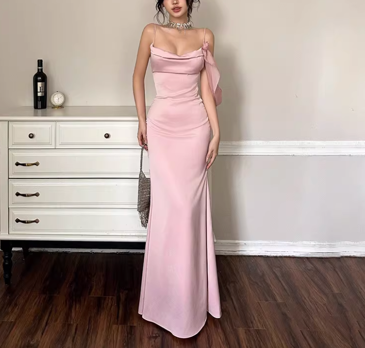 Blush Satin Draped Maxi Dress