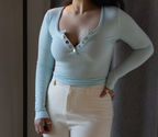 Midnight Ribbed Henley Bodysuit – Long Sleeve Onyx